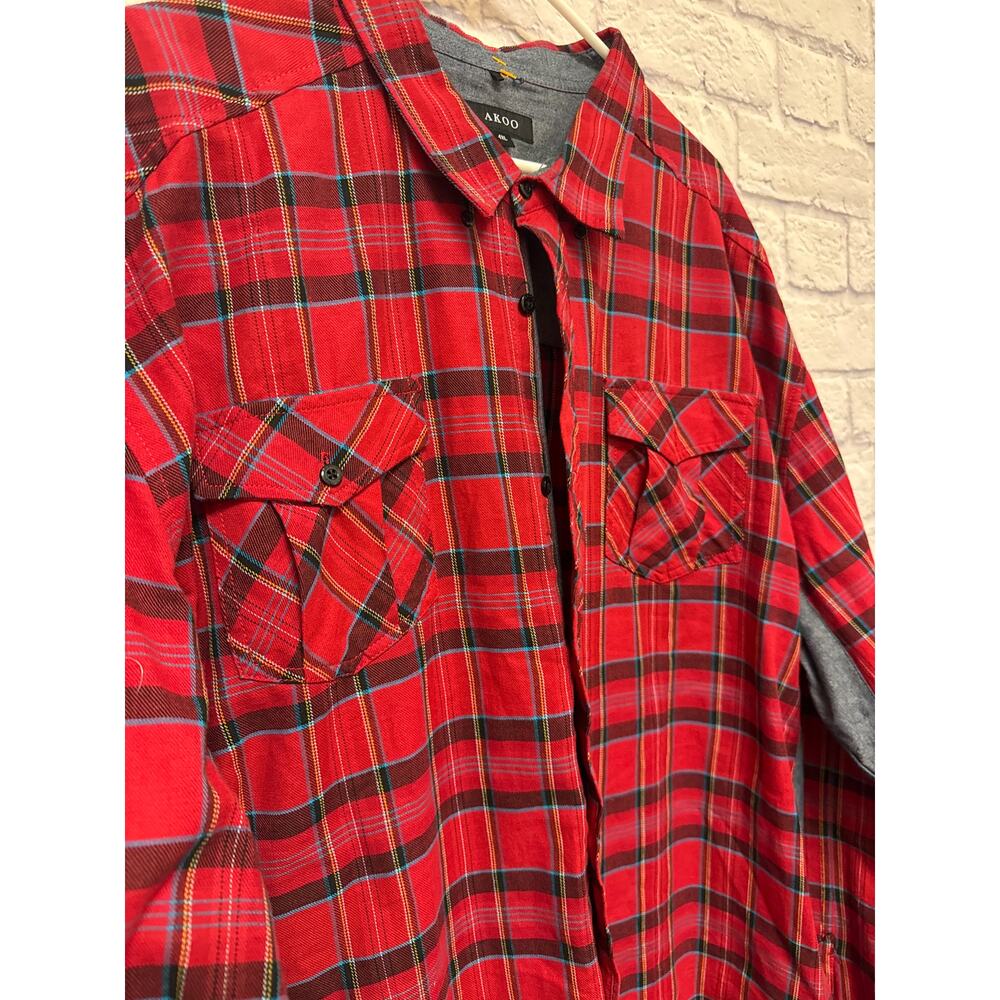 AKOO Men's Red Plaid Button Up Shirt Long Sleeve Grey Wash Side Panels SZ 4XL - Picture 2 of 4